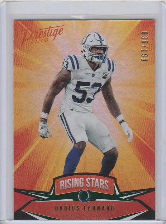 Football trading card of Darius Leonard in white uniform, 2019 Panini Prestige
