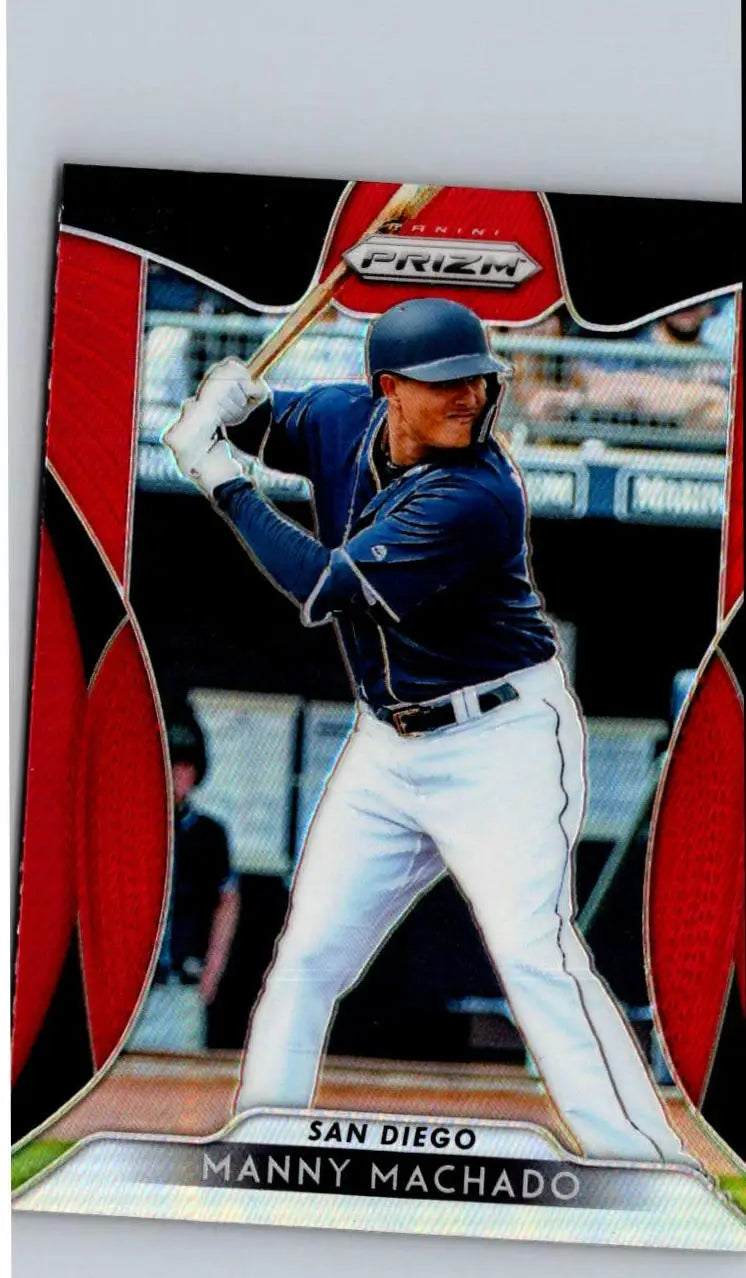 Manny Machado Red Prizm baseball trading card from 2019 Panini Prizm series