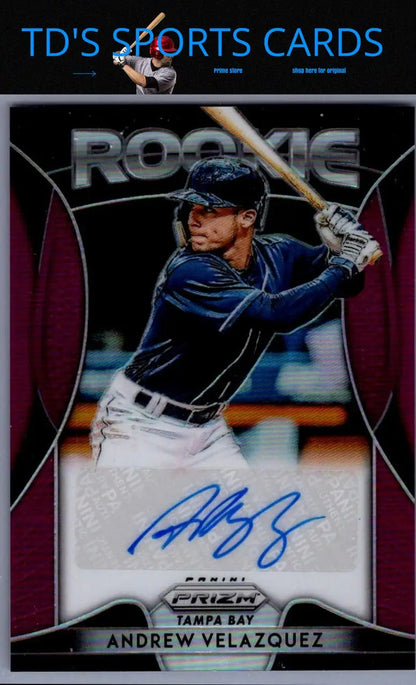 Andrew Velazquez rookie baseball card from 2019 Panini Prizm with purple Prizm autographs