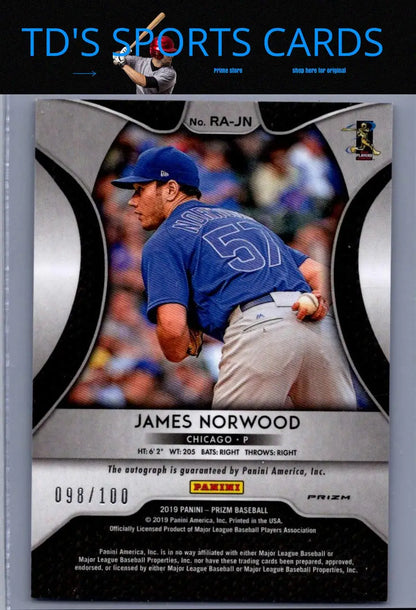 James Norwood baseball card featuring Carolina Blue Prizm from Panini Prizm series