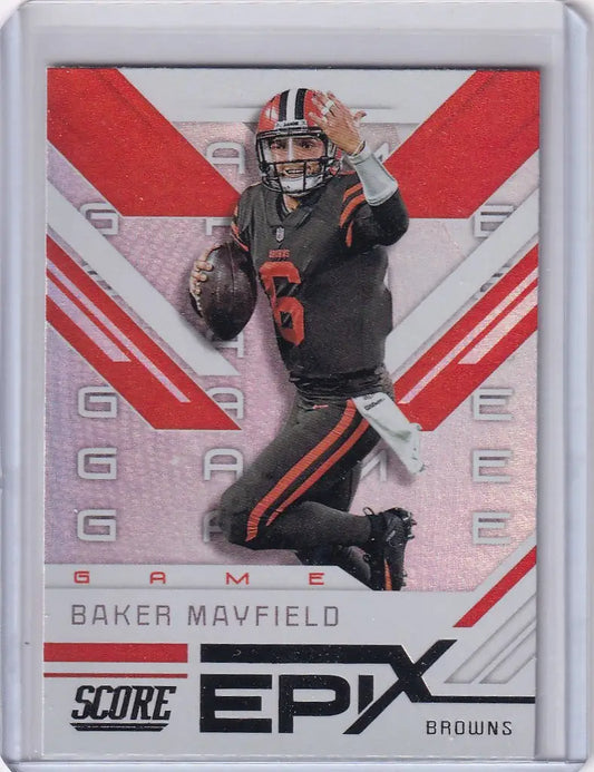 Football trading card of EG10 Baker Mayfield Cleveland Browns in a throwing pose