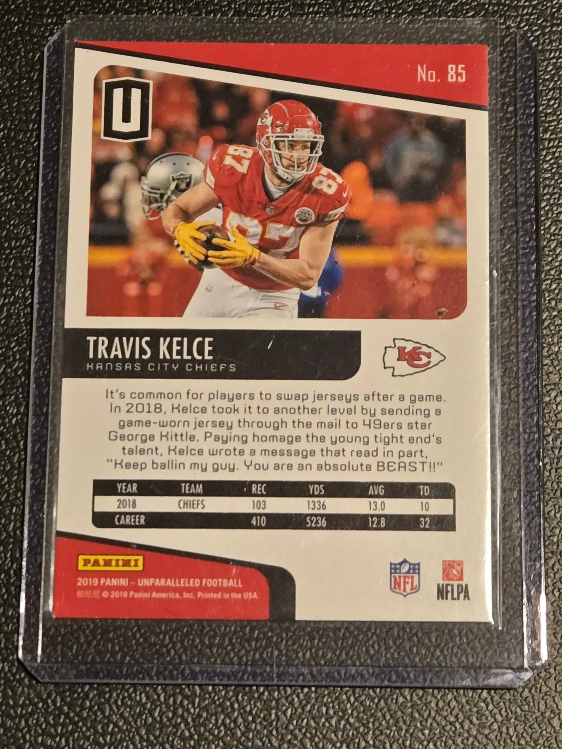 Football card of Travis Kelce from 2019 Panini Unparalleled collection