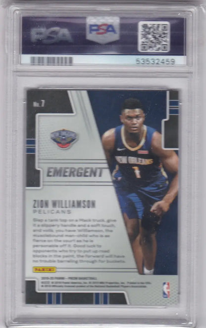 Graded Zion Williamson Emergent PSA basketball trading card from 2019 PRIZM EMERGENT PSA series
