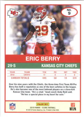Eric Berry football card 2019 Score #9 NM-MT Chiefs with original gloss finish