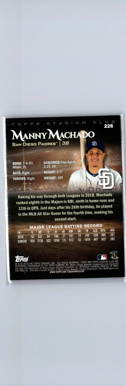 Manny Machado baseball card in protective sleeve from 2019 Stadium Club series