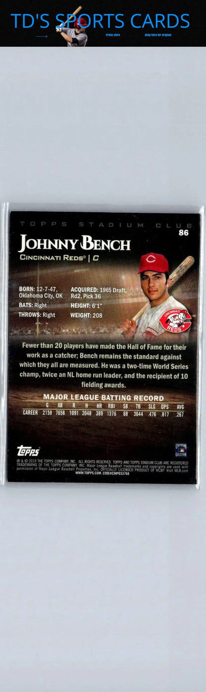 Johnny Bench baseball card from 2019 Stadium Club #86 Bench Black Foil
