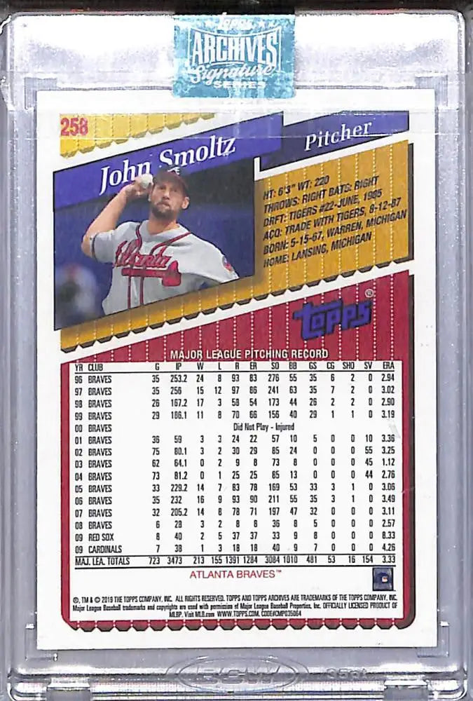 Back of a John Smoltz Topps Archives autographed card from the 2019 set