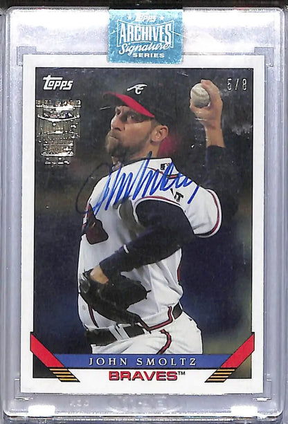 Autographed John Smoltz baseball card in protective case from 2019 Topps Archives