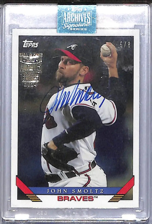 Autographed John Smoltz baseball card in protective case from 2019 Topps Archives