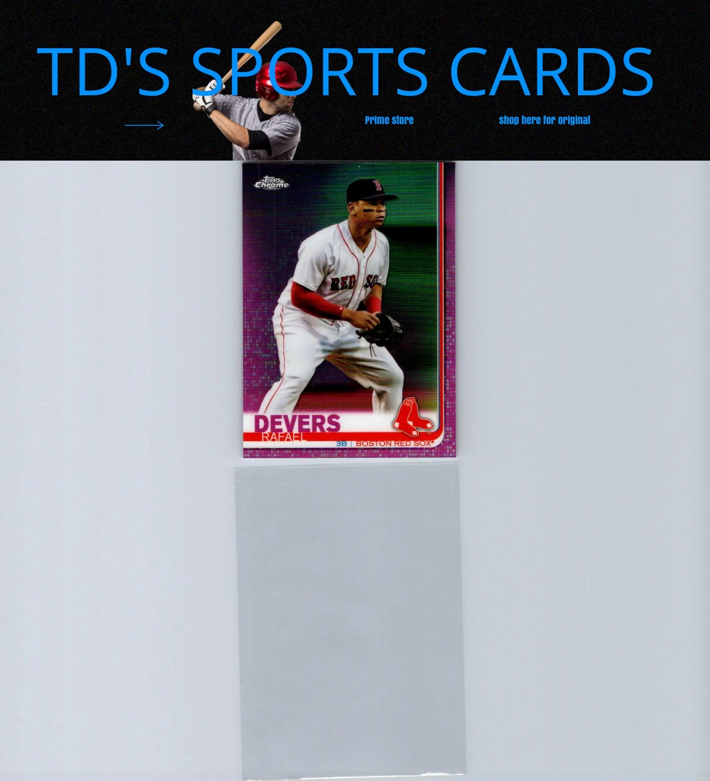 Baseball card of Rafael Devers featuring 2019 Topps Chrome Pink Refractor