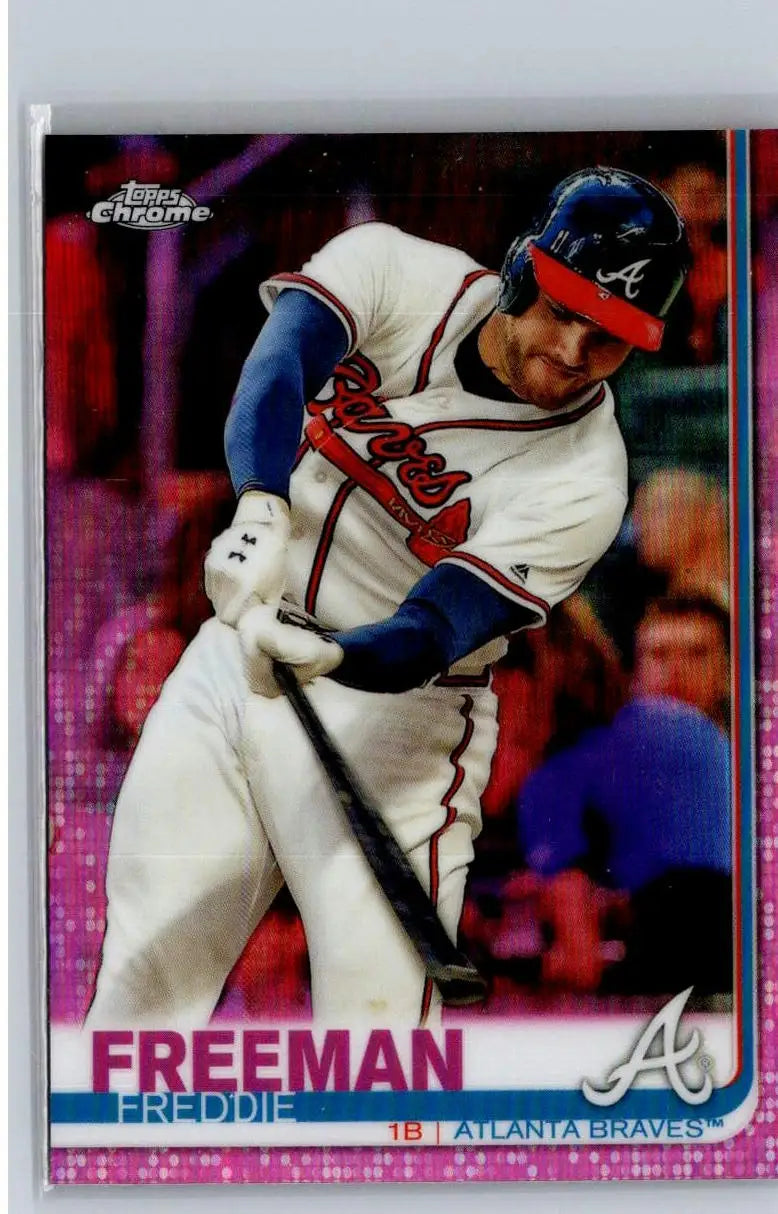 Baseball trading card of Freddie Freeman in pink parallel design, Freeman Pink Refractor