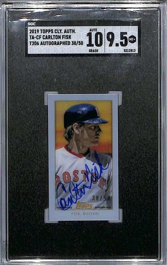 Graded 2019 Topps Cleary Authentic T206 Carlton Fisk Red Sox card on orange background