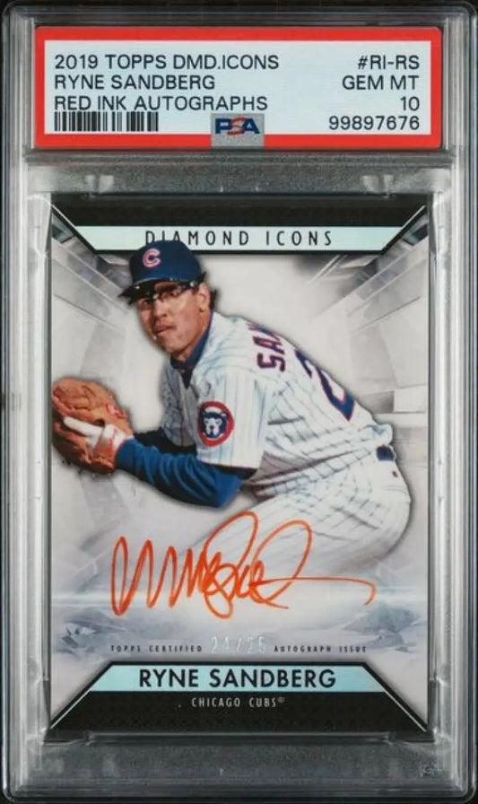 2019 Topps Diamond Icons Red Ink #RIRS Ryne Sandberg PSA 10 GEM MINT Auto 24/25 Chicago Cubs Baseball Card
