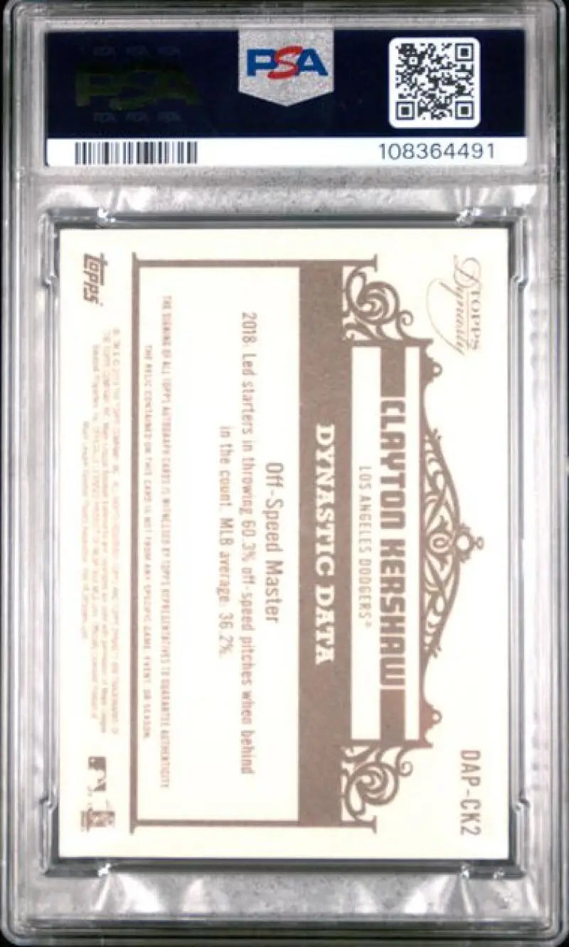 Graded 2019 Topps Dynasty Clayton Kershaw Baseball Card PSA 9 Mint Auto 3/10
