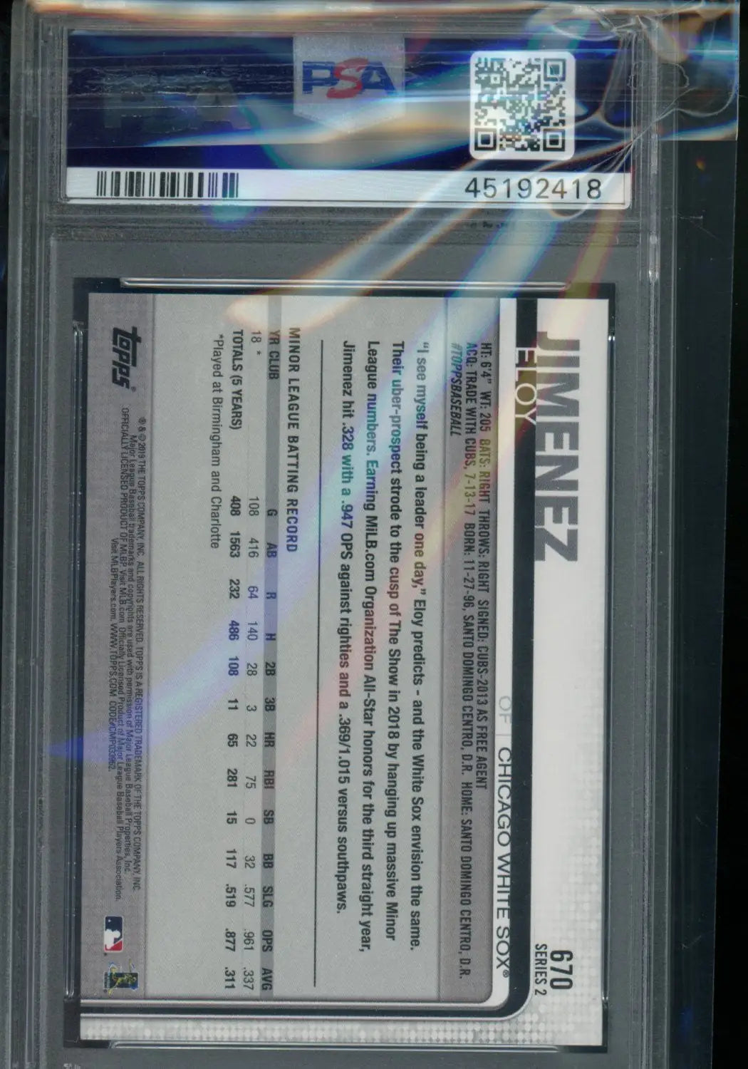 Graded Eloy Jimenez baseball card from 2019 Topps Eloy Jimenez PSA 10
