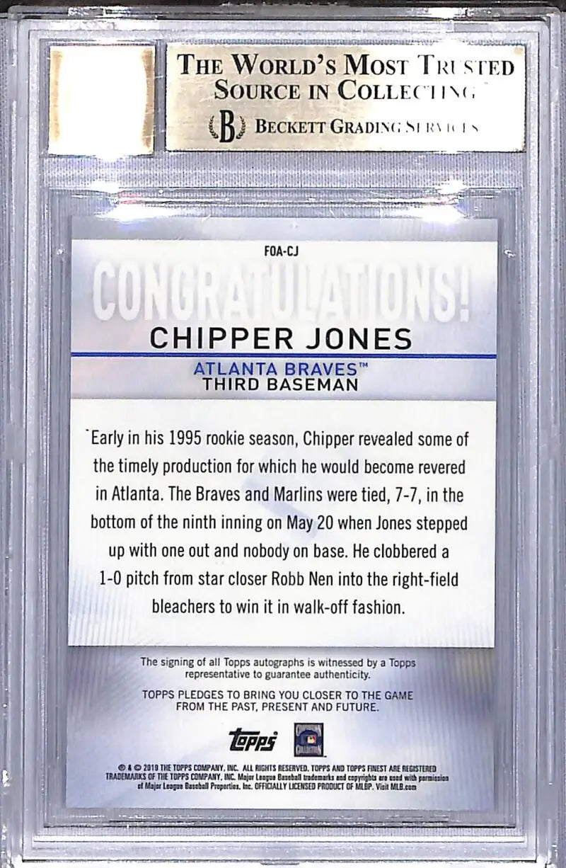 Graded Chipper Jones baseball card Atlanta Braves Gem Mint Auto 2019 Topps Finest