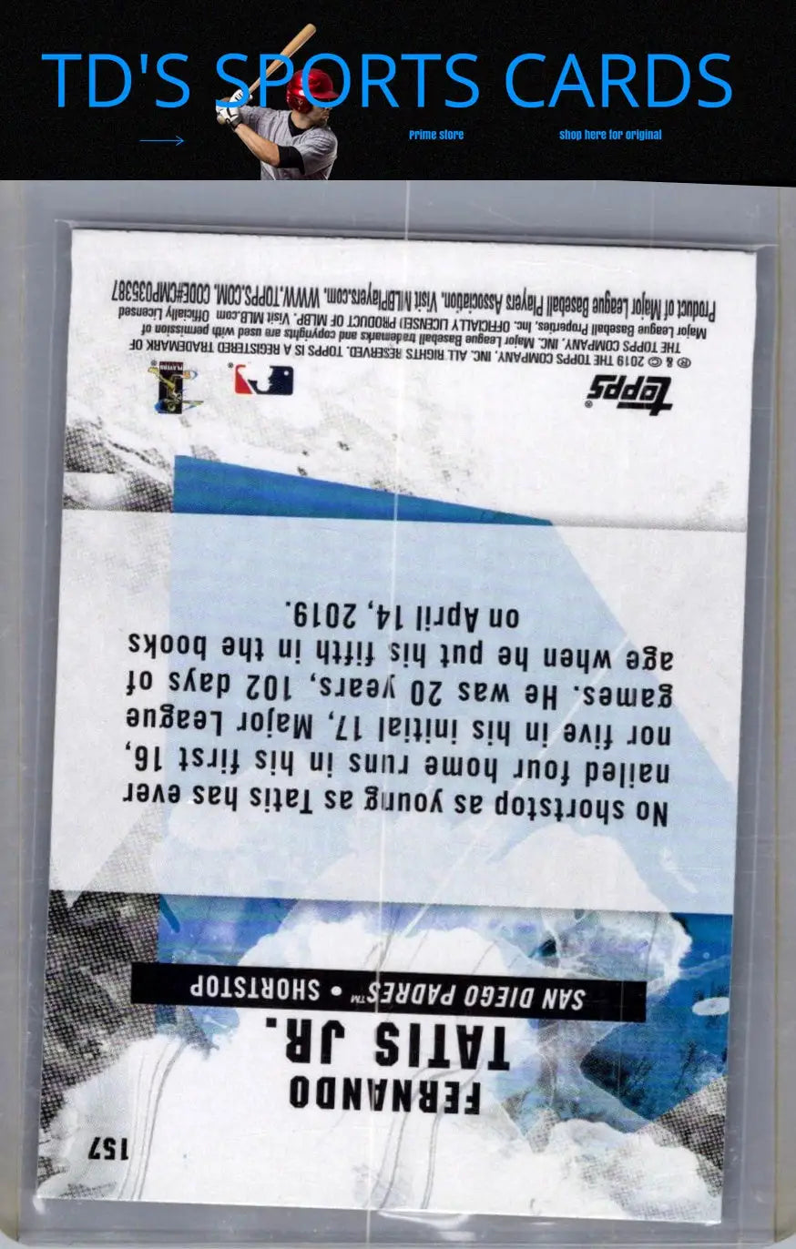 2019 Topps Fire Fernando Tatis Jr. rookie baseball card displayed in product