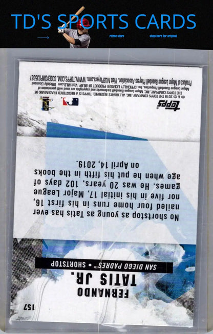 2019 Topps Fire Fernando Tatis Jr. rookie baseball card displayed in product