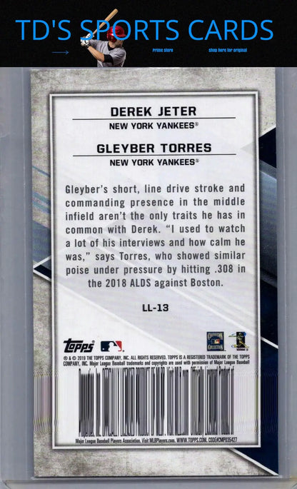 Baseball card featuring Gleyber Torres and Derek Jeter Lasting Legacies from 2019 Topps Fire