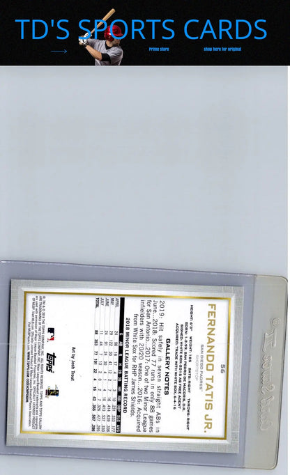 Baseball trading card of Fernando Tatis Jr. in protective case from 2019 Topps Gallery