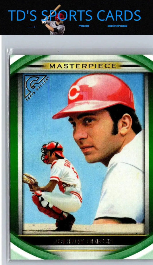 Baseball card featuring Johnny Bench from 2019 Topps Gallery Johnny Bench Masterpiece Green