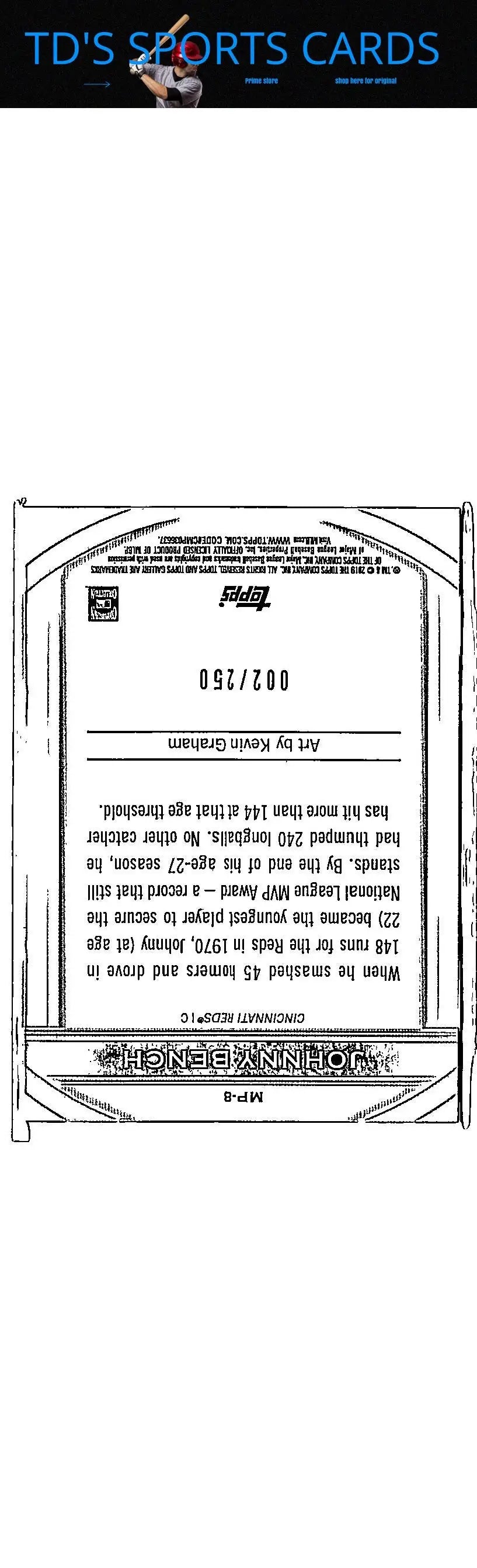 Baseball card back of Johnny Bench Masterpiece Green from 2019 Topps Gallery #MP-8