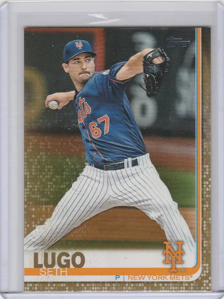Baseball card of Seth Lugo mid-throw for the New York Mets, Topps Gold 2019
