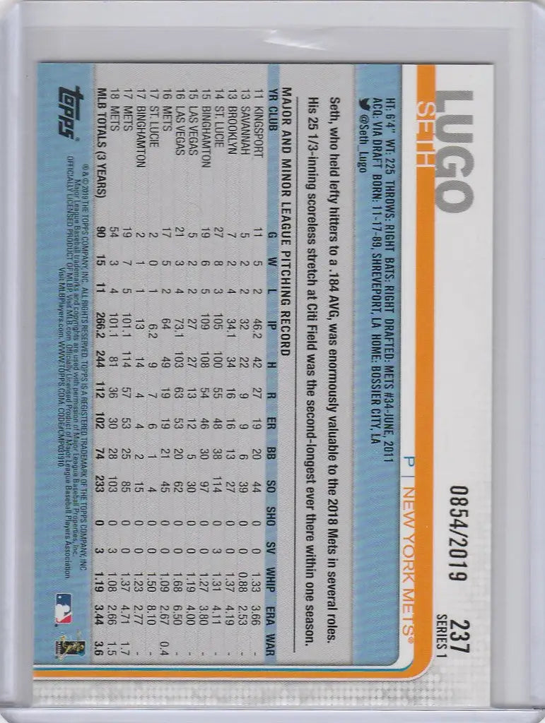 Baseball trading card of Seth Lugo, 2019 Topps Gold, New York Mets player statistics