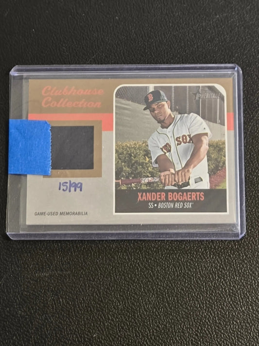 Xander Bogaerts Clubhouse Collection relic card with game-used memorabilia swatch, numbered 15/99