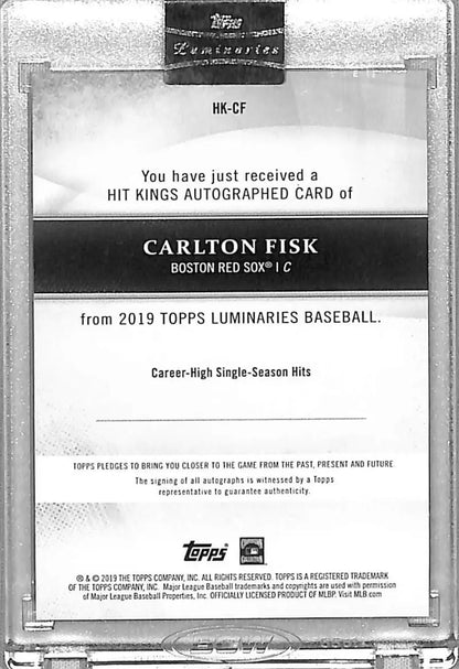 Autographed Carlton Fisk baseball card from 2019 Topps Luminaries Hit Kings featuring Boston Red Sox honor