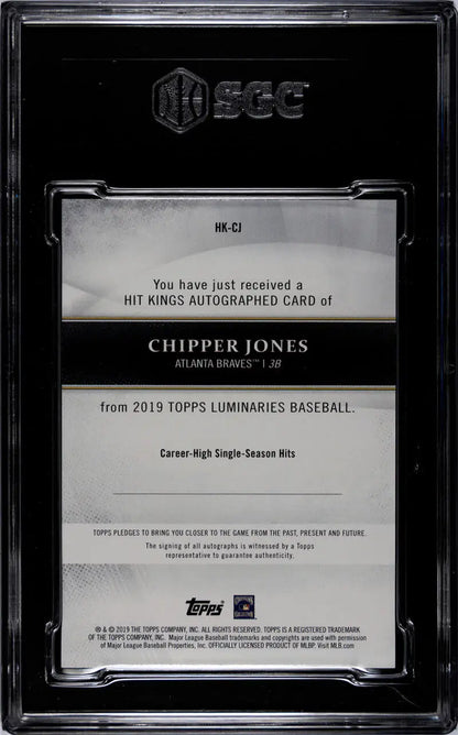 Back of 2019 Topps Luminaries Hit Kings Red Chipper Jones graded baseball card