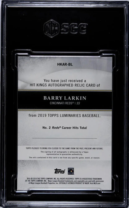 Back of a black BGS graded card holder showing details about Barry Larkin from Topps Luminaries