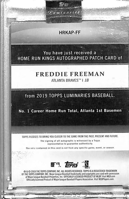 Freddie Freeman autographed patch card from 2019 Topps Luminaries Home Run Kings series