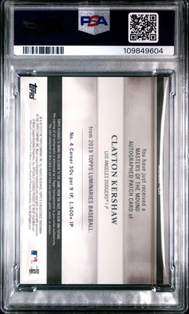 Graded Clayton Kershaw baseball card from Los Angeles Dodgers, PSA 9 MINT MEM Auto
