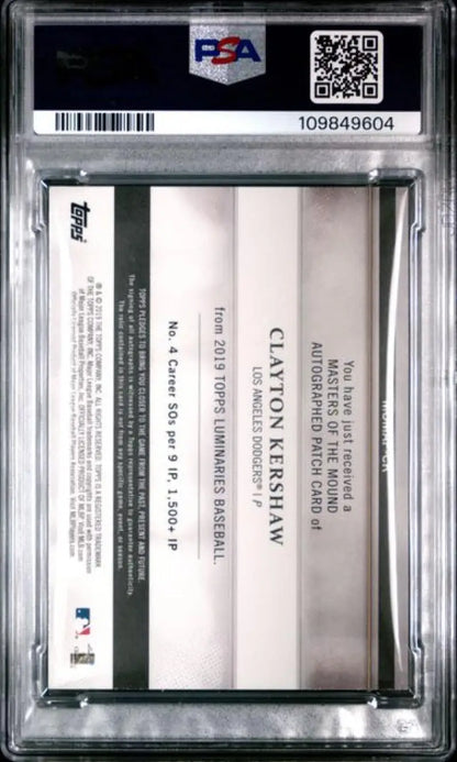Graded Clayton Kershaw baseball card from Los Angeles Dodgers, PSA 9 MINT MEM Auto
