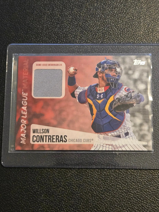 Willson Contreras Chicago Cubs baseball card with game-used jersey material from Contreras Major League