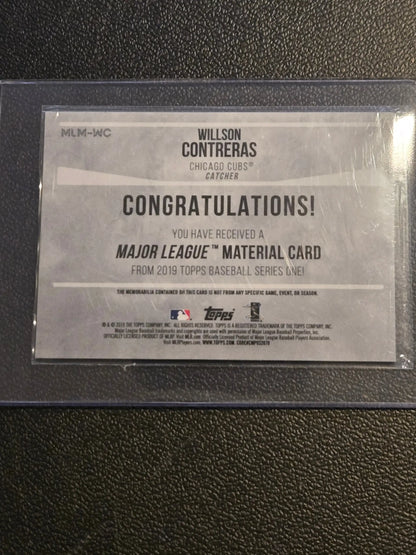 Baseball trading card featuring Willson Contreras from 2019 Topps Major League Material Relics