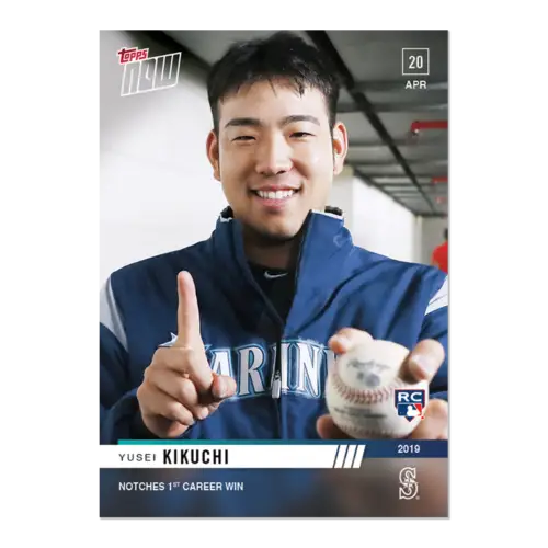 Baseball card of Yusei Kikuchi notching 1st career win with the Mariners, smiling and thumbs up