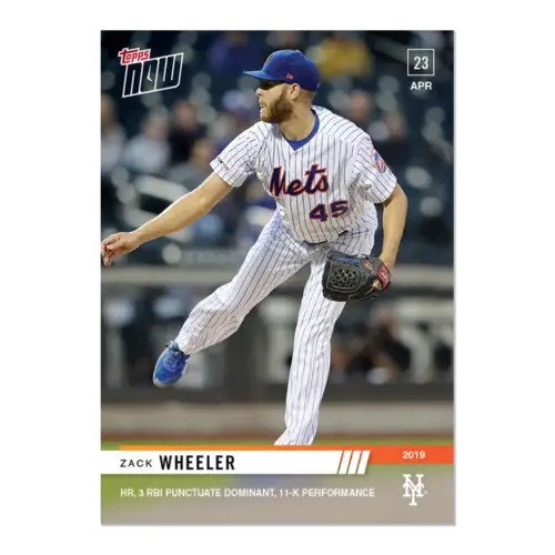 Baseball card of Zack Wheeler in mid-throw, showcasing dominate 11K performance