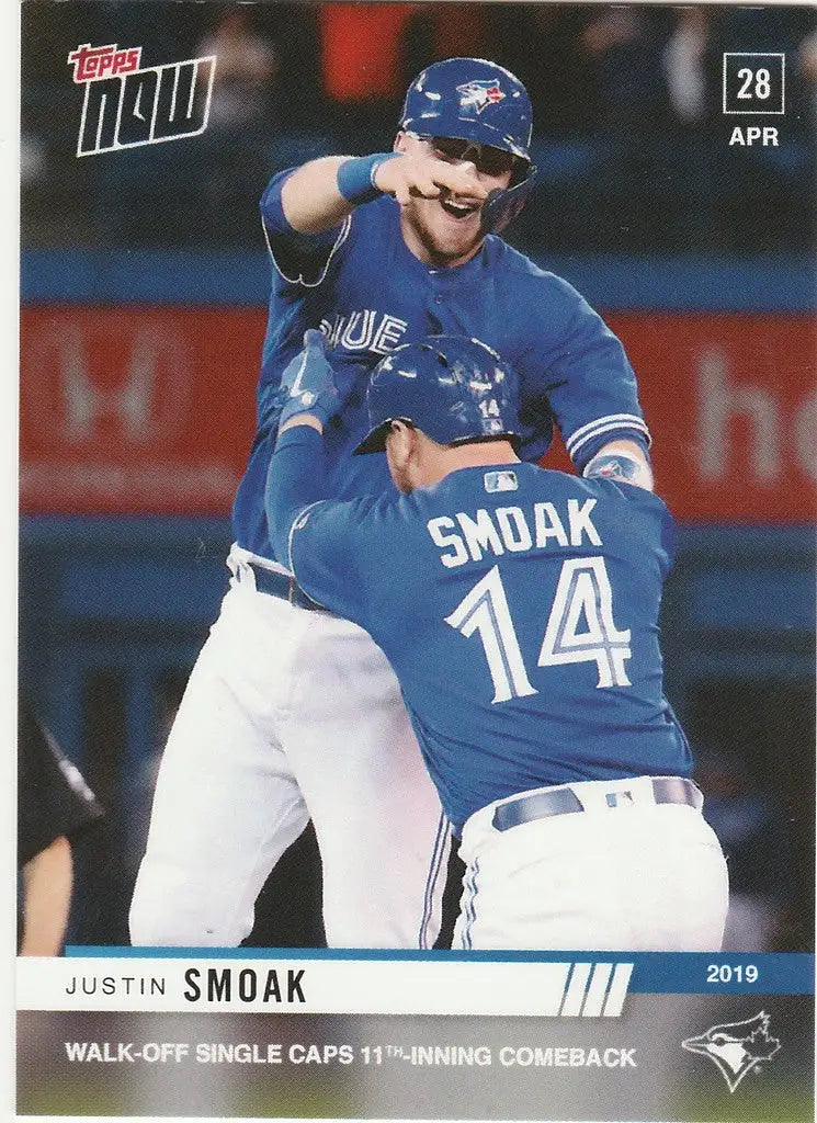 Justin Smoak celebrating with teammate in Toronto Blue Jays uniform, 2019 Topps Now card