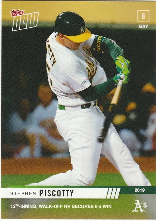 Baseball player mid-swing in Oakland Athletics uniform, Stephen Piscotty 13th Inn home run