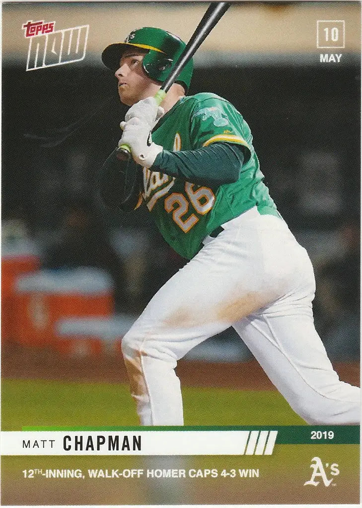 Baseball card of Matt Chapman swinging bat for Oakland Athletics 12th inning walk-off