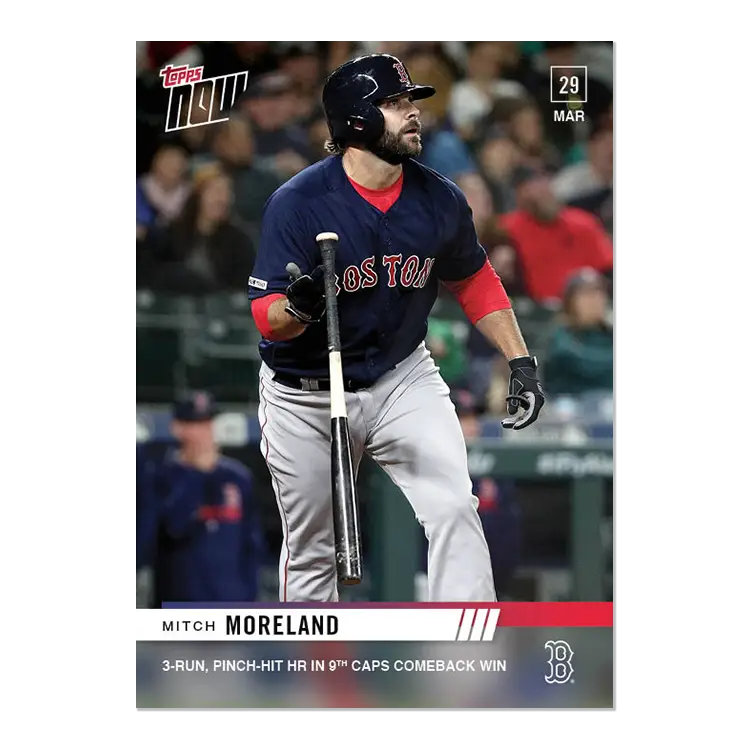 Baseball card of Mitch Moreland hitting a home run for Boston Red Sox