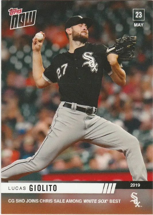 Baseball player in mid-pitch wearing Chicago White Sox uniform, Lucas Giolito Chicago