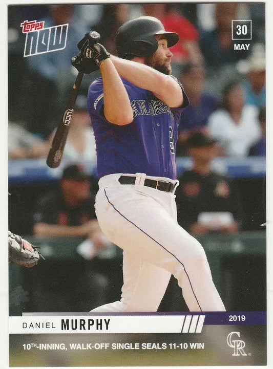 Baseball card of Daniel Murphy Colorado Rockies at bat in 2019 Topps Now 10th inning