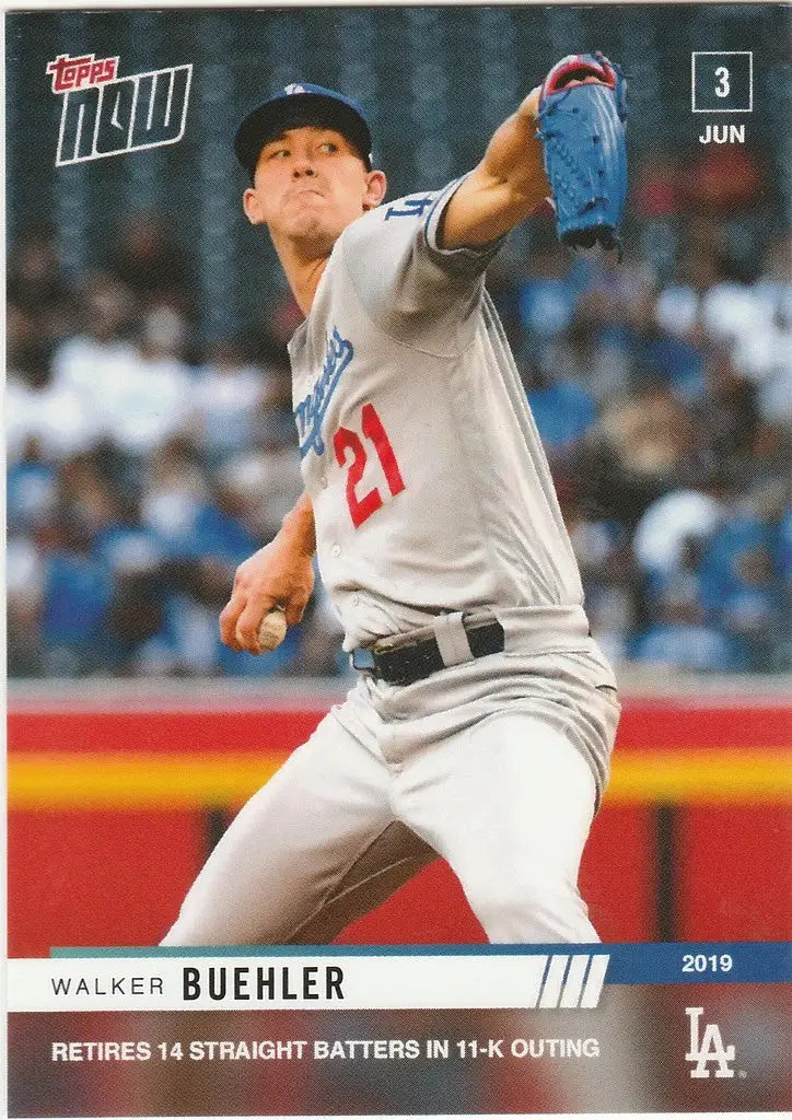 Baseball player Walker Buehler Los Angeles Dodgers mid-pitch on 2019 Topps Now card