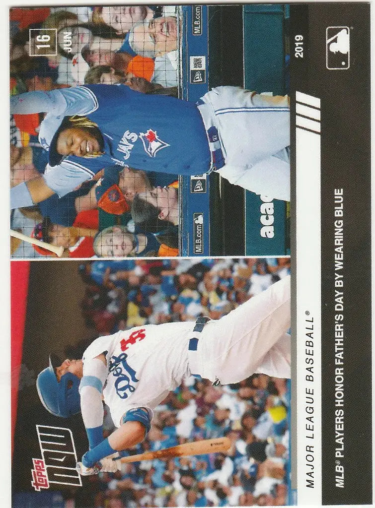 Baseball trading card featuring Blue Jays player in action, celebrating League Baseball Fathers Day