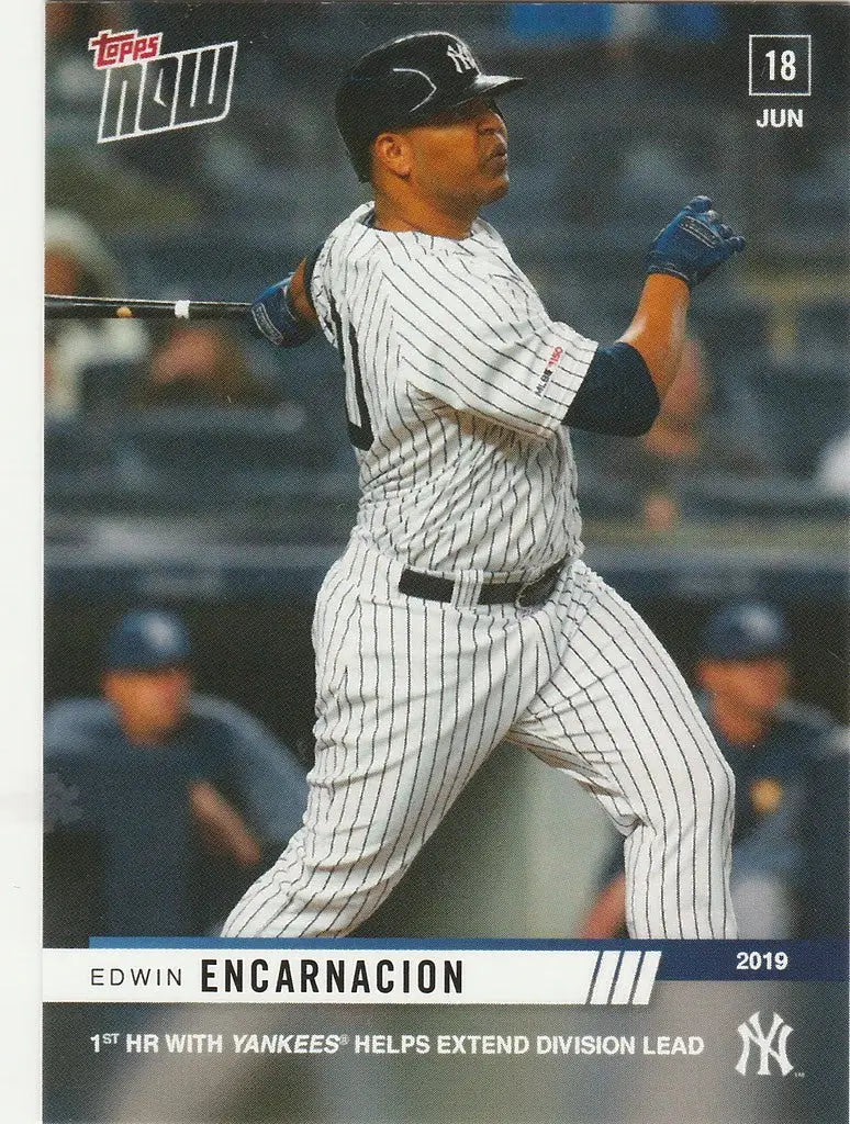 Baseball player in New York Yankees uniform swinging bat for Edwin Encarnacion 1st HR