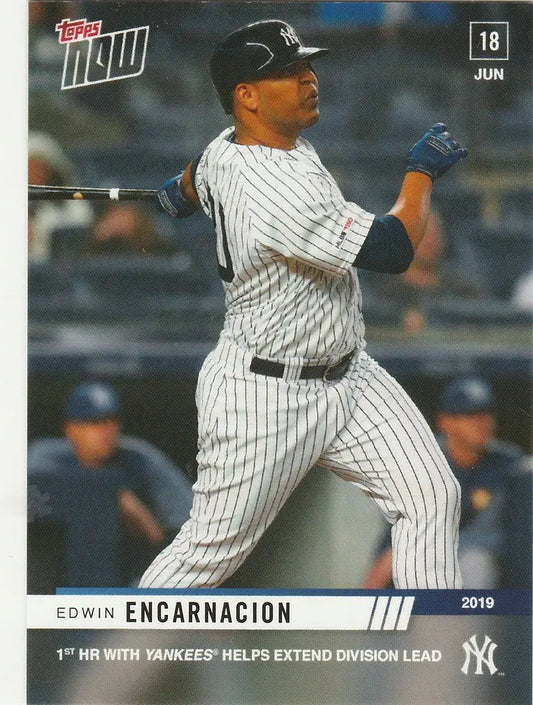 Baseball player in New York Yankees uniform swinging bat for Edwin Encarnacion 1st HR