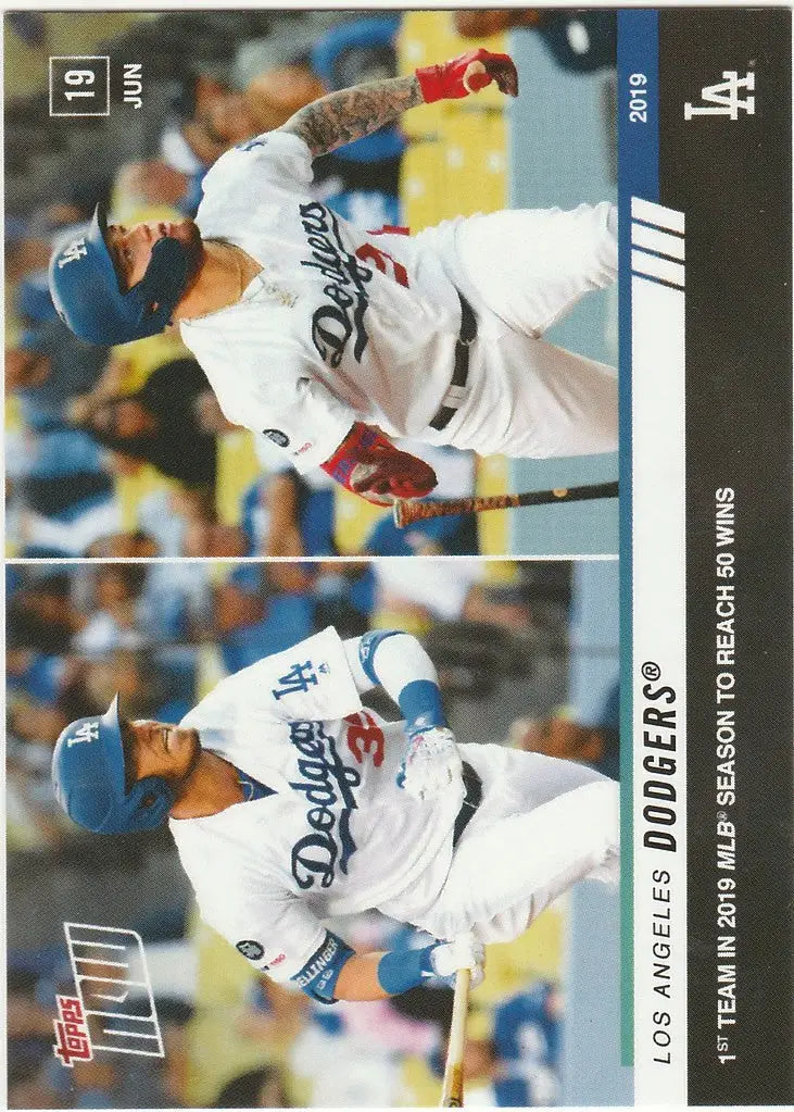 Baseball card of Los Angeles Dodgers pitcher in mid-throwing for 1st to 50 wins